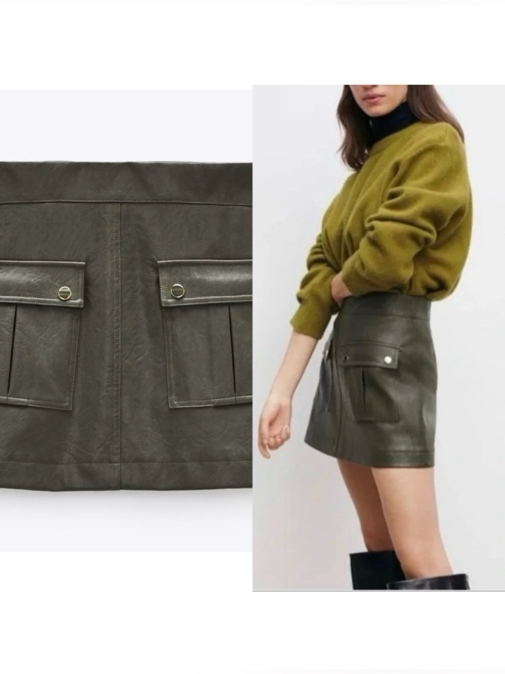 Zara *NWT* Olive Green Faux Leather Skirt with Pocket Detail